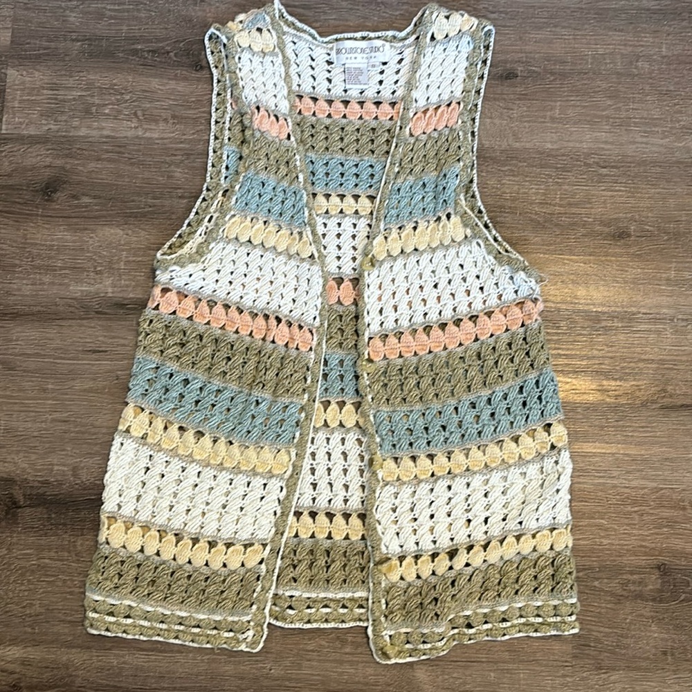 Crocheted Cardigan Sweater Multicolor Button Down Short Sleeve